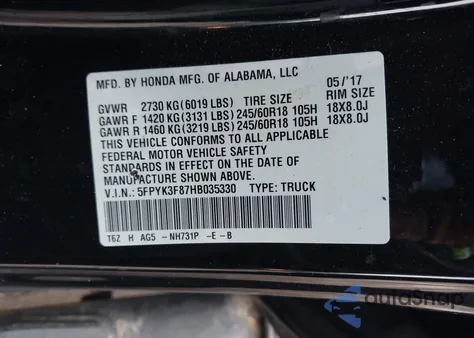 2017 Honda Ridgeline Black Edition from USA, damaged, VIN 5FPYK3F87HB035330